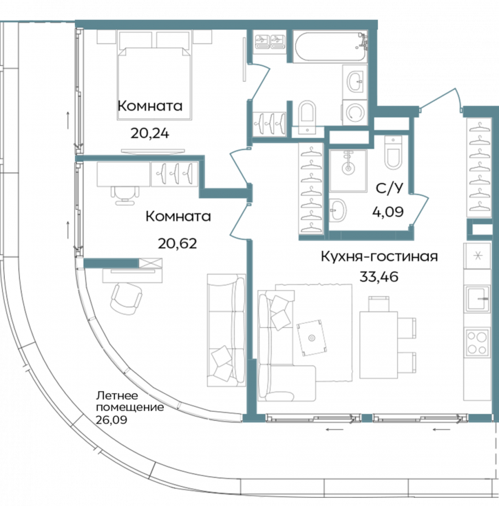3-комн квартира в новом доме Морская улица, 3