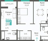 2-комн, 58 кв м, этаж 12/12 Киевская улица, 181