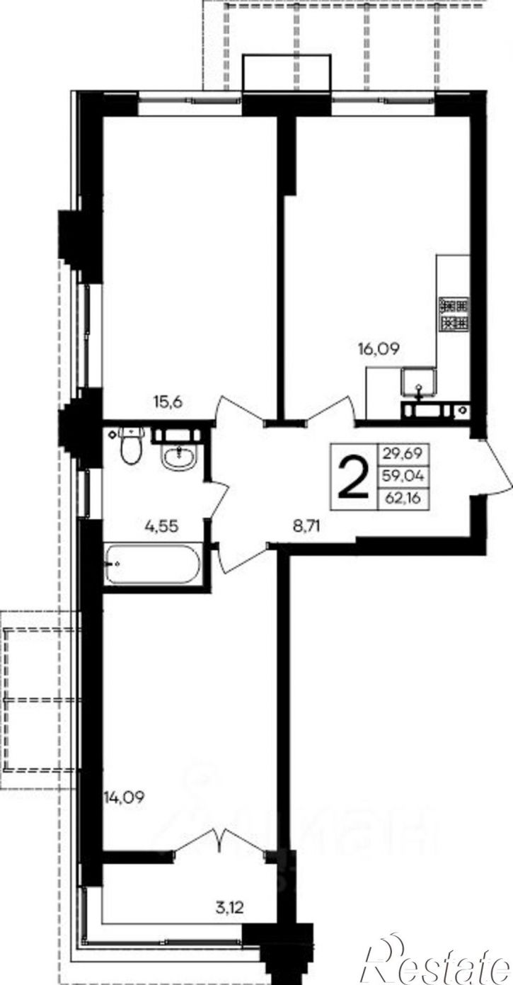 2-комн квартира в новом доме улица Коцюбинского, 16А,  д. 16А