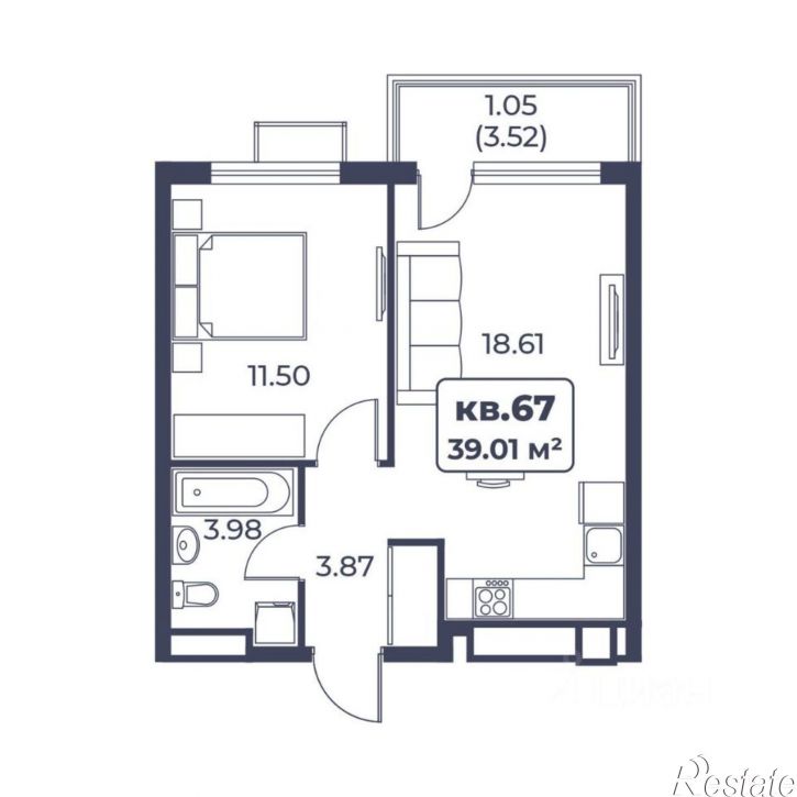 1-комн квартира в новом доме пер 30 Авиаполка, 2,  д. 2