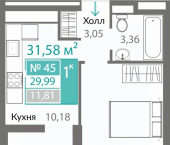 1-комн, 29 кв м, этаж 8/10 Киевский район