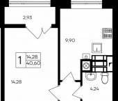 1-комн, 40 кв м, этаж 9/9 ул Парковая, 1 1