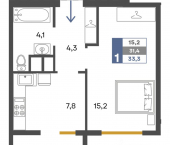 1-комн, 33 кв м, этаж 2/4 ул Дачная, 103В