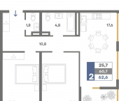 2-комн, 62 кв м, этаж 9/16 городской округ Симферополь