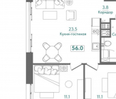 2-комн, 56 кв м, этаж 2/4 Морская улица