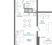 1-комн, 59 кв м, этаж 3/4 Морская улица