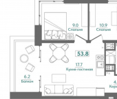 2-комн, 54 кв м, этаж 2/4 Морская улица