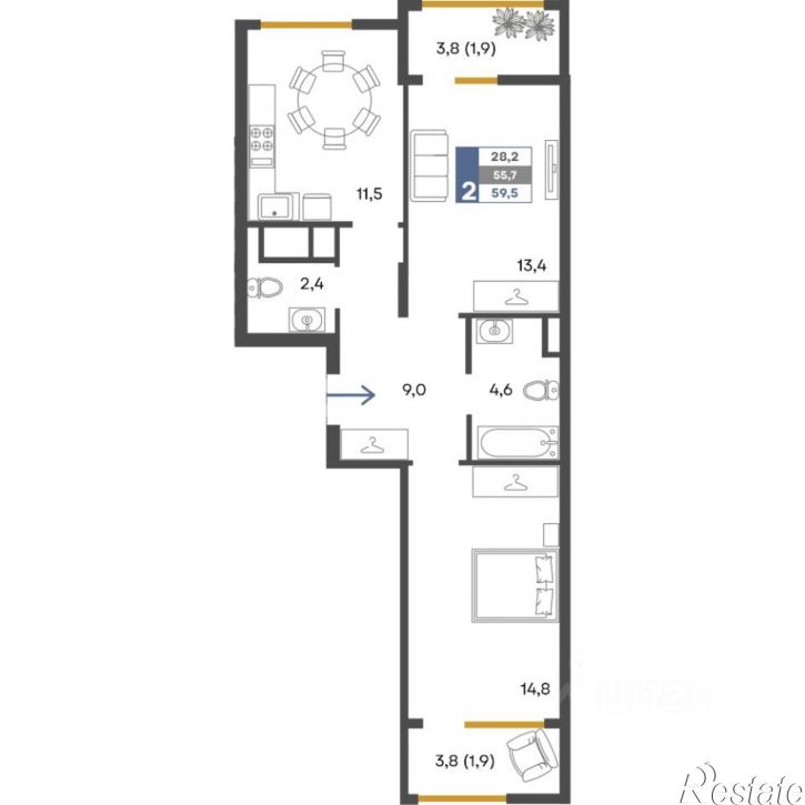 2-комн квартира в новом доме ул Дачная, 103В,  д. 103В