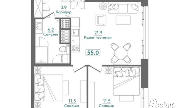 2-комн квартира в новом доме Морская улица