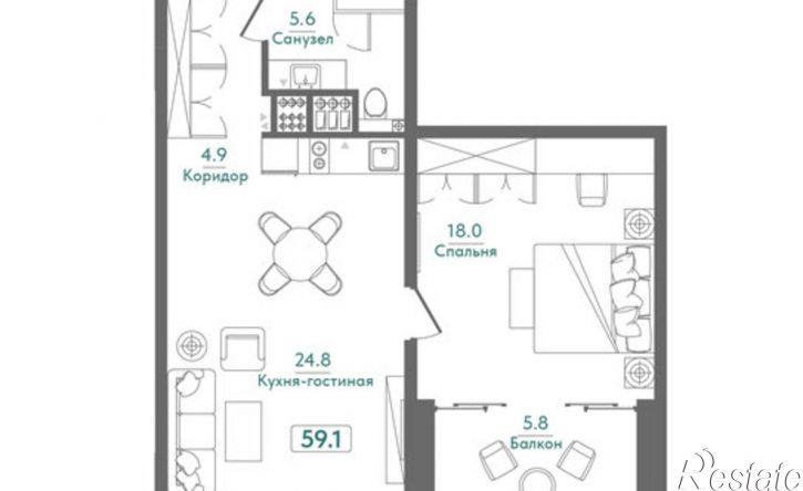 1-комн квартира в новом доме Морская улица