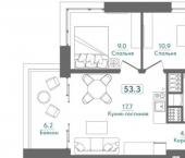 2-комн, 53 кв м, этаж 4/4 Морская улица