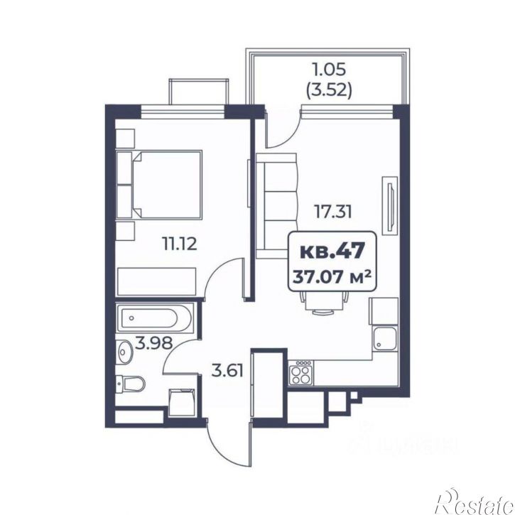 1-комн квартира в новом доме пер 30 Авиаполка, 2,  д. 2