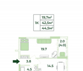 1-комн, 44 кв м, этаж 12/18 Симферопольский район, село Мирное