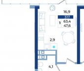 1-комн, 63 кв м, этаж 17/21 ул Октябрьская, 10