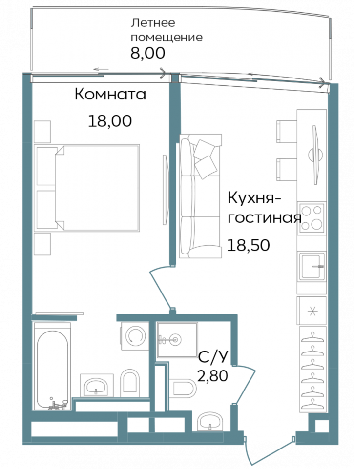 1-комн квартира в новом доме Морская улица, 3