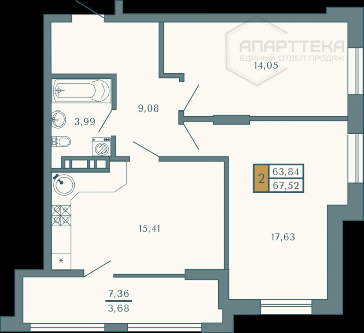 2-комн квартира в новом доме Родниковая ул, 41а