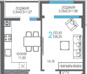 2-комн, 58 кв м, этаж 3/8 улица Карла Маркса, 54