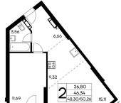 2-комн, 50 кв м, этаж 2/17 Коллективный пер, 8