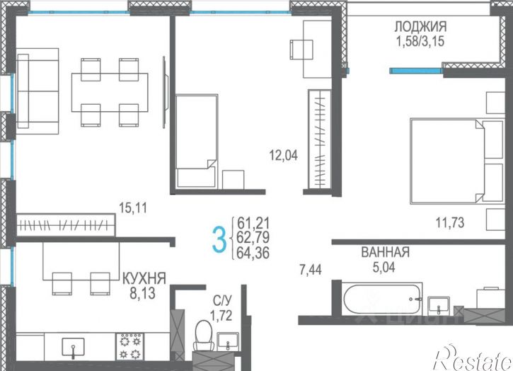 3-комн квартира в новом доме Лазурная улица, 1 к2,  д. 1 к2