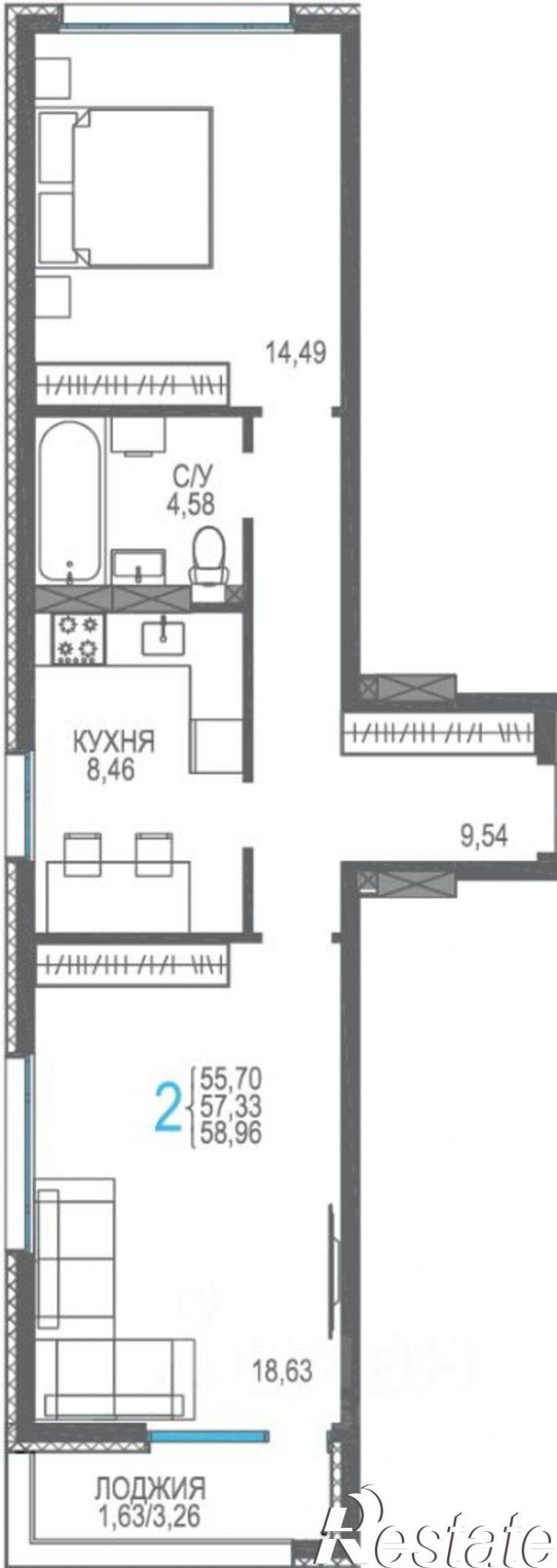 2-комн квартира в новом доме Лазурная улица, 1 к2,  д. 1 к2