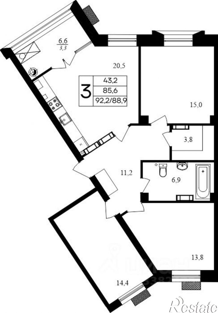 3-комн квартира в новом доме Маячная улица, 10,  д. 10