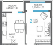 2-комн, 58 кв м, этаж 2/8 улица Багликова, 19А