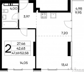 2-комн, 52 кв м, этаж 2/17 Коллективный пер, 8