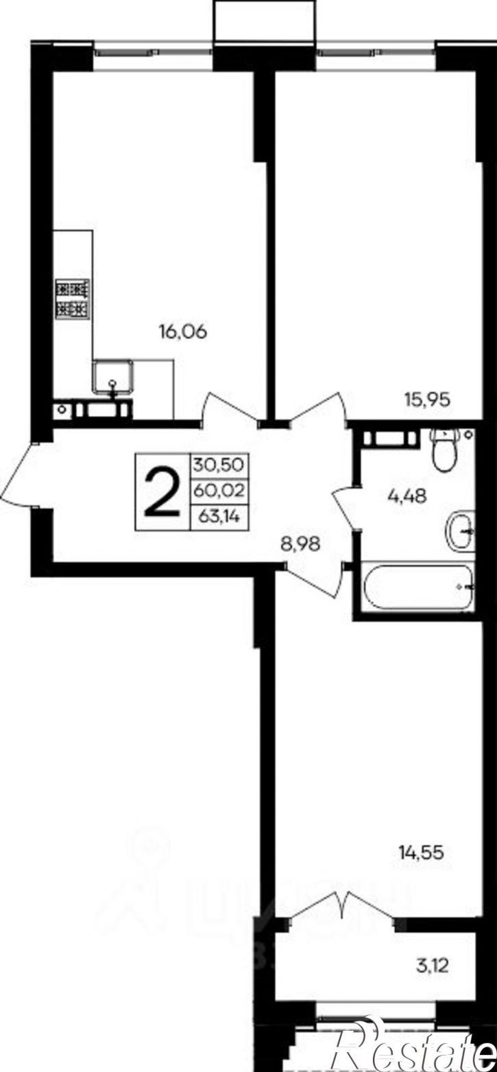 2-комн квартира в новом доме улица Коцюбинского, 16А,  д. 16А