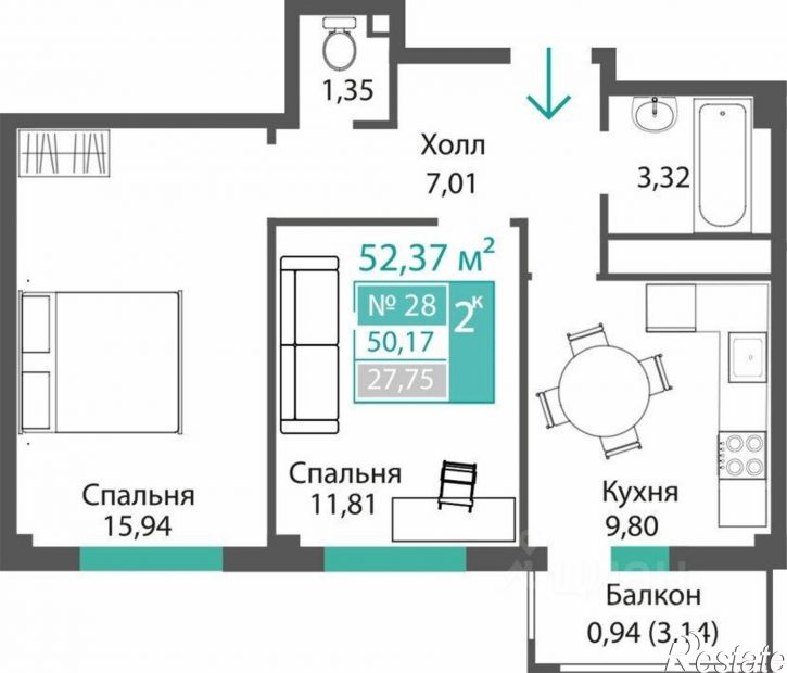 2-комн квартира в новом доме Симферопольский район, село Мирное