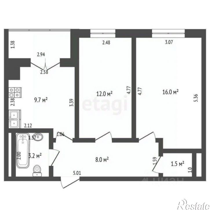 2-комн квартира Зеленый пер, 3А,  д. 3А