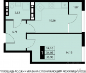 1-комн, 35 кв м, этаж 14/16 городской округ Алушта
