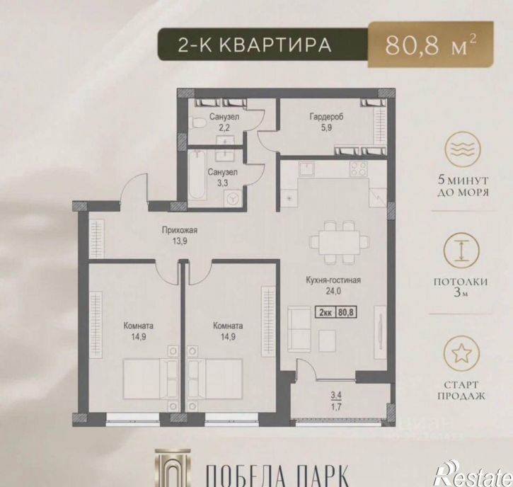 2-комн квартира в новом доме Севастополь, Парковая улица, 14к4