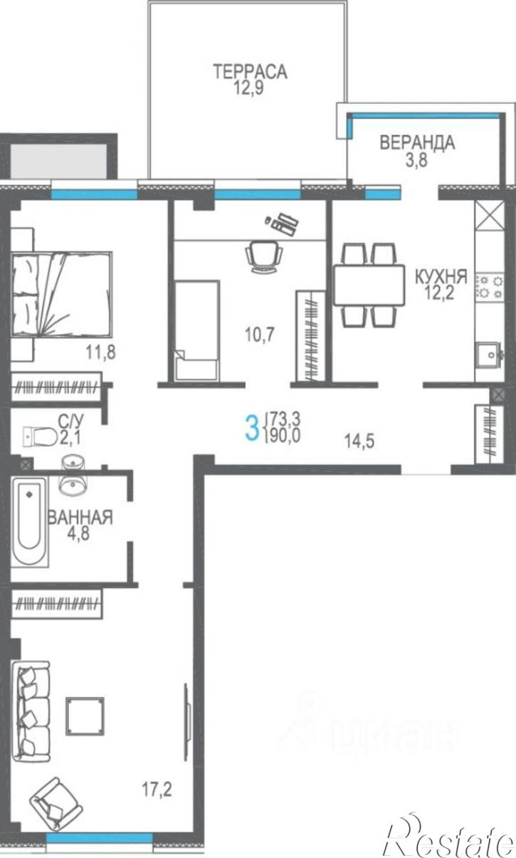3-комн квартира в новом доме улица Токарева, 18Дк1