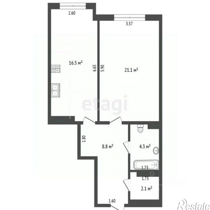 1-комн квартира ул Генерала Крейзера, 21,  д. 21