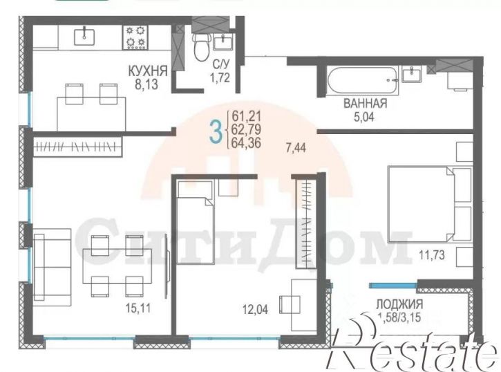 3-комн квартира Лазурная улица, 1 к6,  д. 1 к6