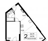2-комн, 52 кв м, этаж 5/17 Коллективный пер, 8